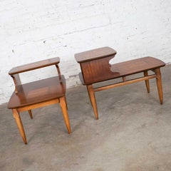 Mid-Century Modern Pair of Lane Step End Tables with Inlaid Walnut Burl Style