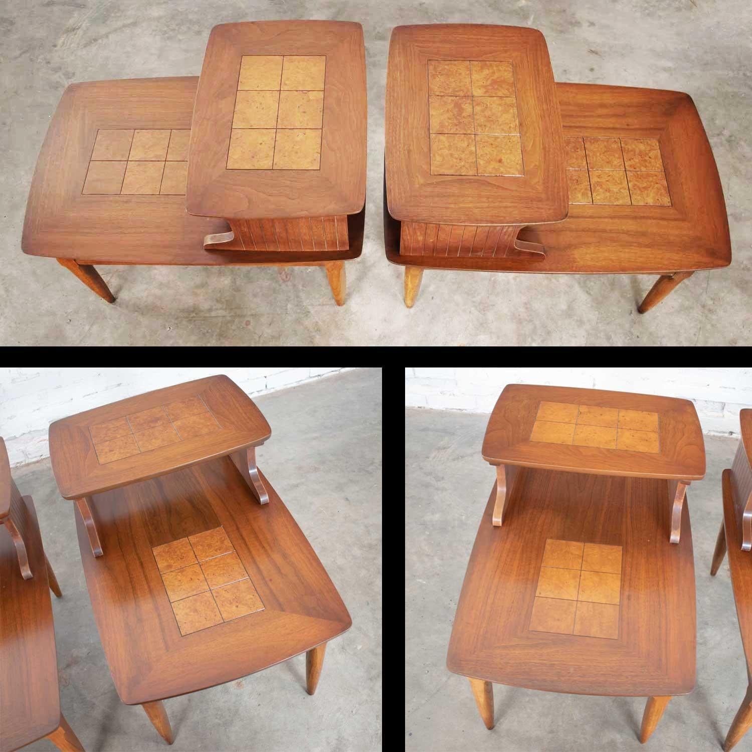 Inlay Mid-Century Modern Pair of Lane Step End Tables with Inlaid Walnut Burl Style For Sale