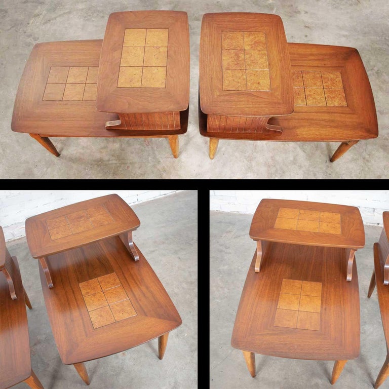 Mid-Century Modern Pair of Lane Step End Tables with Inlaid Walnut Burl Style For Sale 1