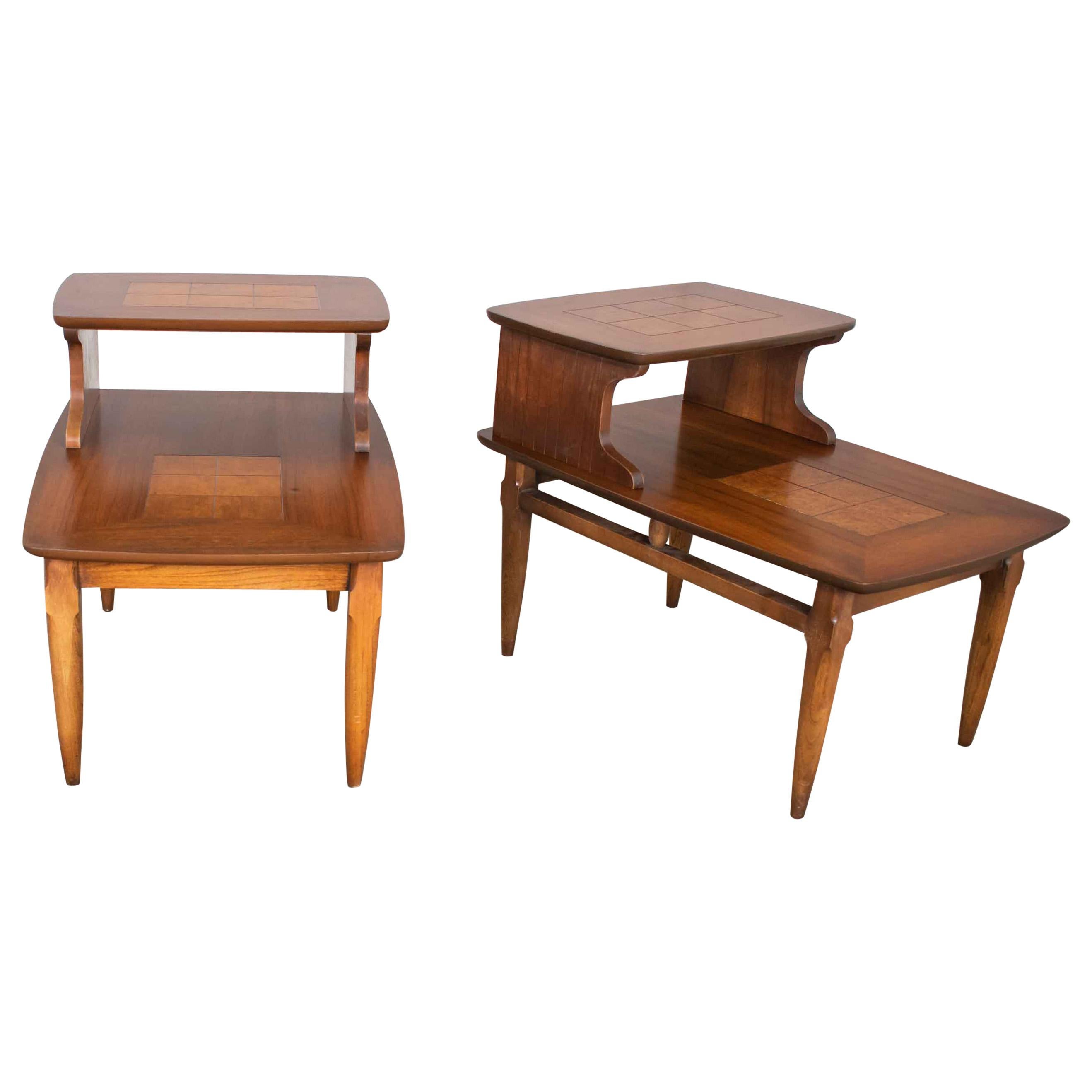 Mid-Century Modern Pair of Lane Step End Tables with Inlaid Walnut Burl Style