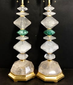 Mid-Century Modern Pair Large Green Rock Crystal Giltwood Baguès Table Lamps