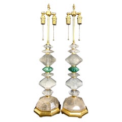 Mid-Century Modern Pair Large Green Rock Crystal Giltwood Baguès Table Lamps