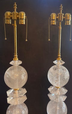 Mid-Century Modern Pair Large Rock Crystal Giltwood Rare Baguès Fine Table Lamps