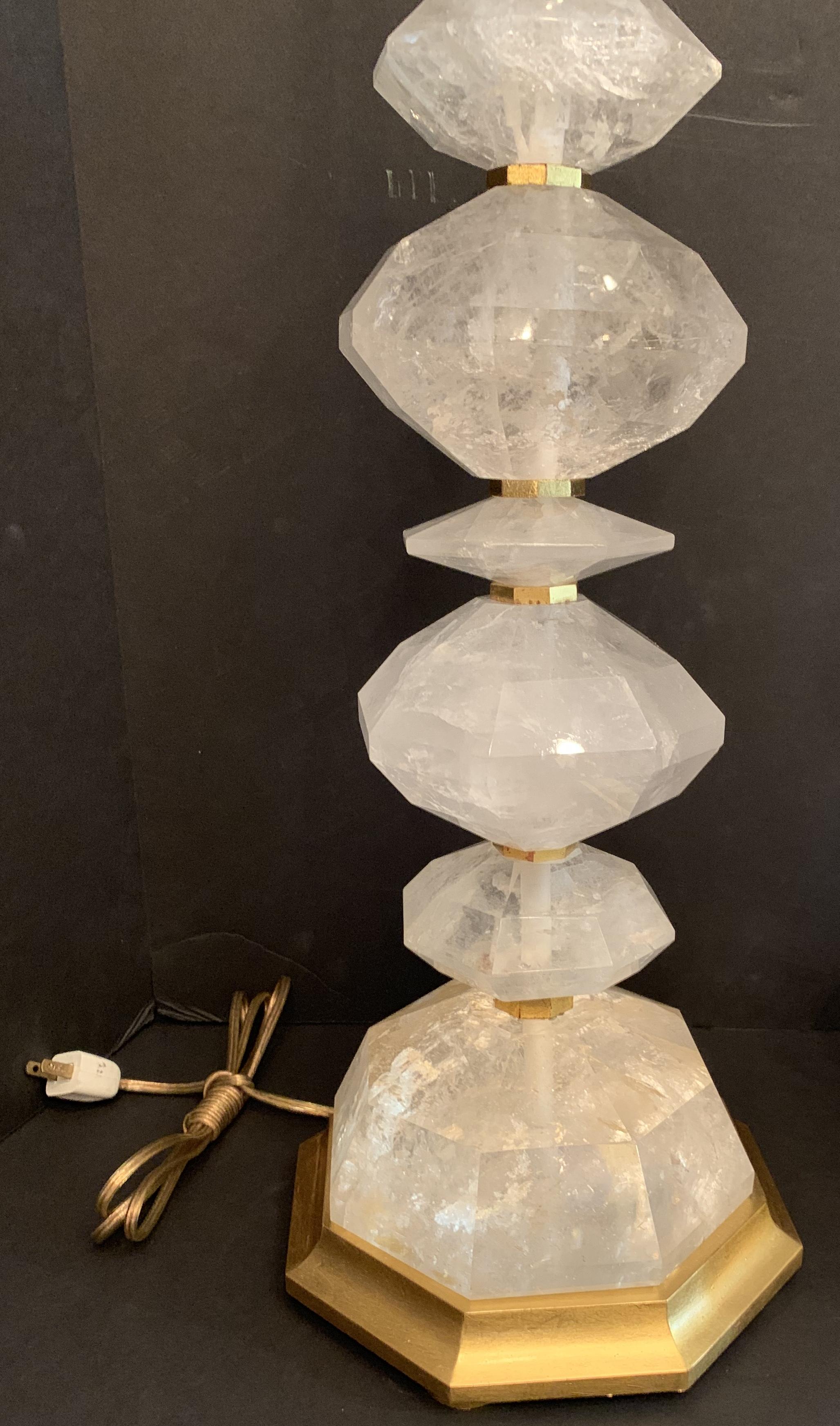 Italian Mid-Century Modern Pair Large Rock Crystal Giltwood Rare Baguès Fine Table Lamps