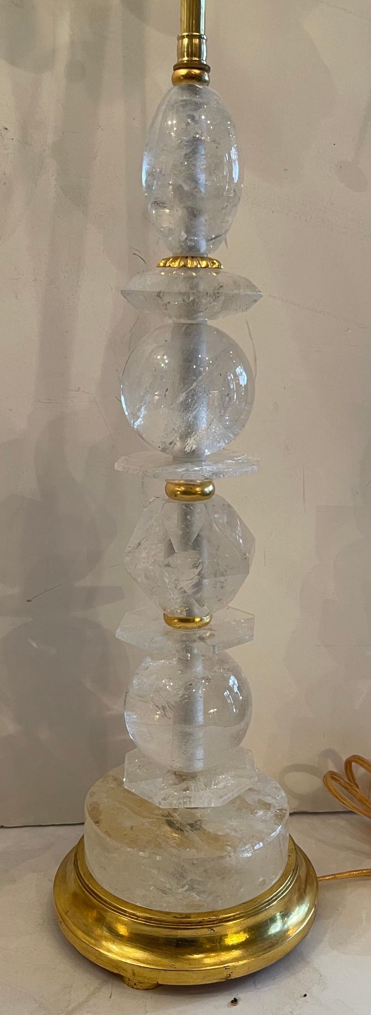 Mid-Century Modern Pair Large Rock Crystal Giltwood Rare Baguès Fine Table Lamps In Good Condition For Sale In Roslyn, NY