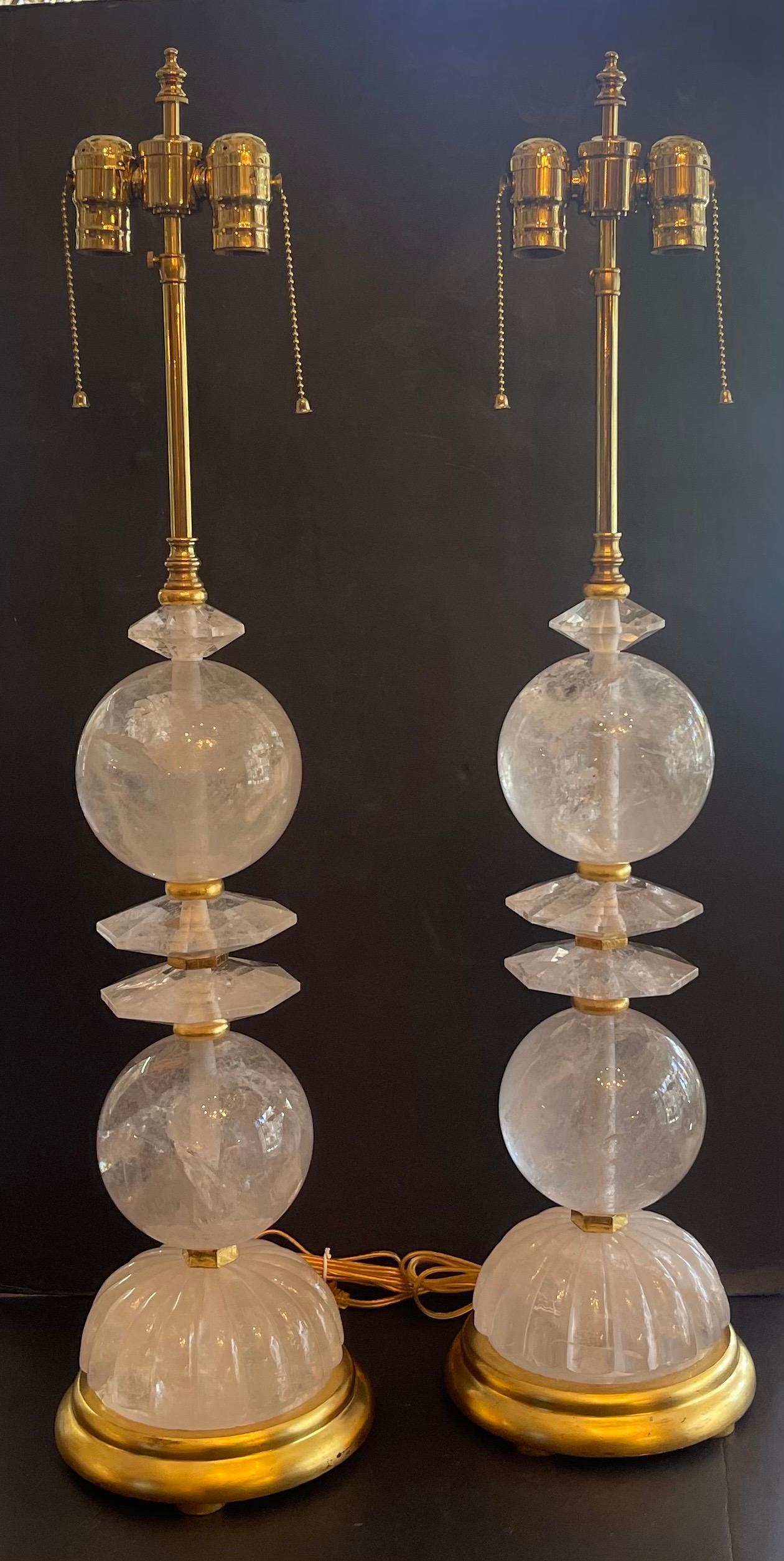 Doré The Moderns Modern Pair Large Rock Crystal Giltwood Rare Baguès Fine Table Lamps en vente