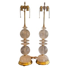 Mid-Century Modern Pair Large Rock Crystal Giltwood Rare Baguès Fine Table Lamps
