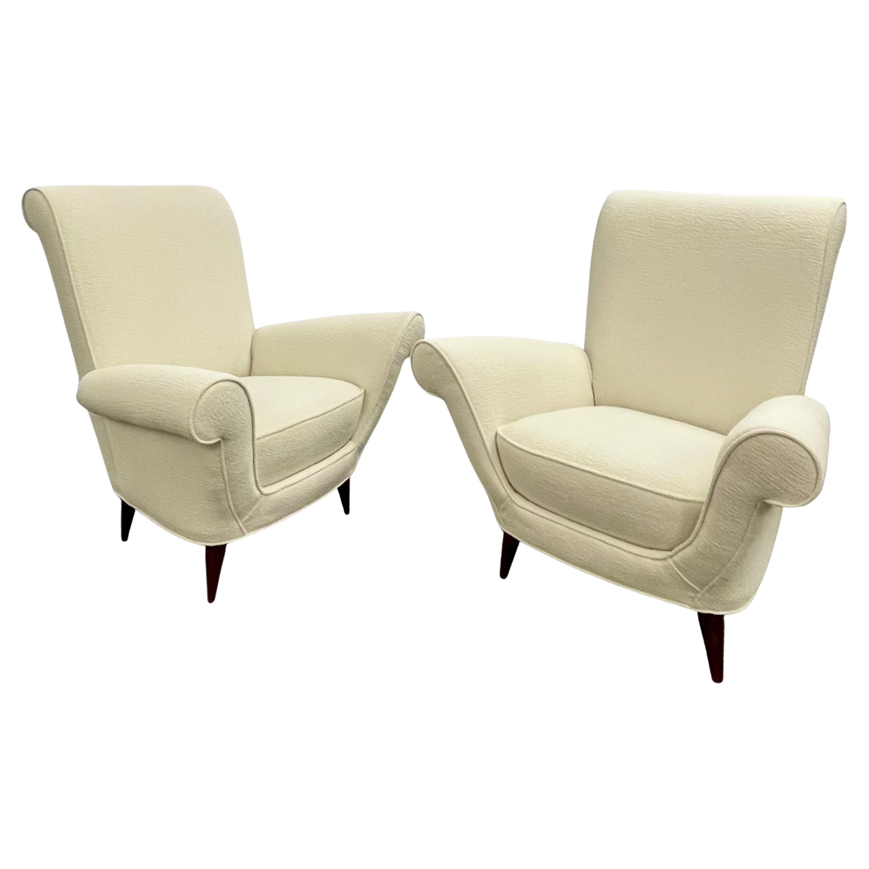 Mid-Century Modern Pair Lounge Chairs, Manner of Paolo Buffa, in New Bouclé