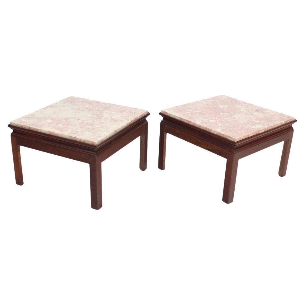 Mid-Century Modern Pair Low Profile Square Marble Top Side End Tables Stands MINT!