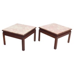 Mid-Century Modern Pair Low Profile Square Marble Top Side End Tables Stand MINT