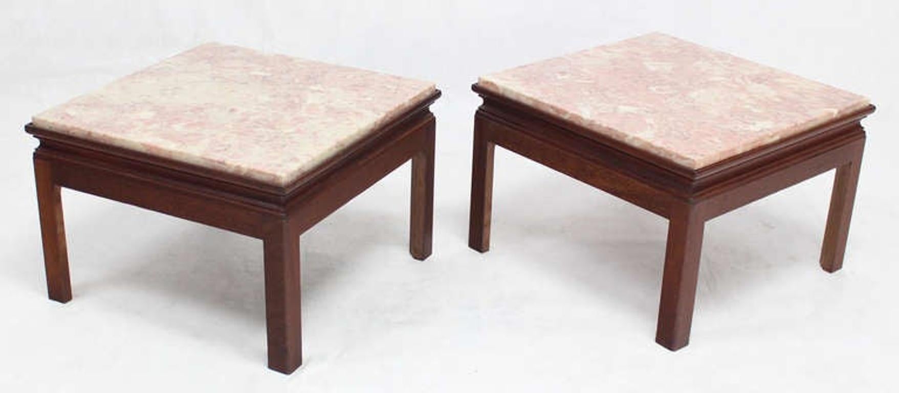American Mid-Century Modern Pair Low Profile Square Marble Top Side End Tables Stand MINT For Sale