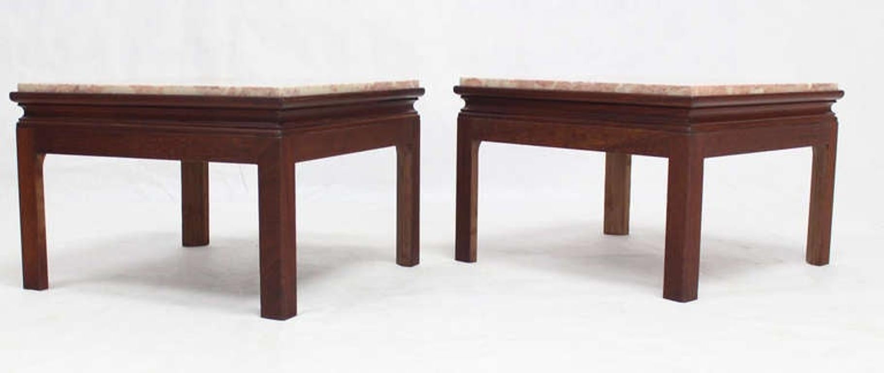 Walnut Mid-Century Modern Pair Low Profile Square Marble Top Side End Tables Stand MINT For Sale
