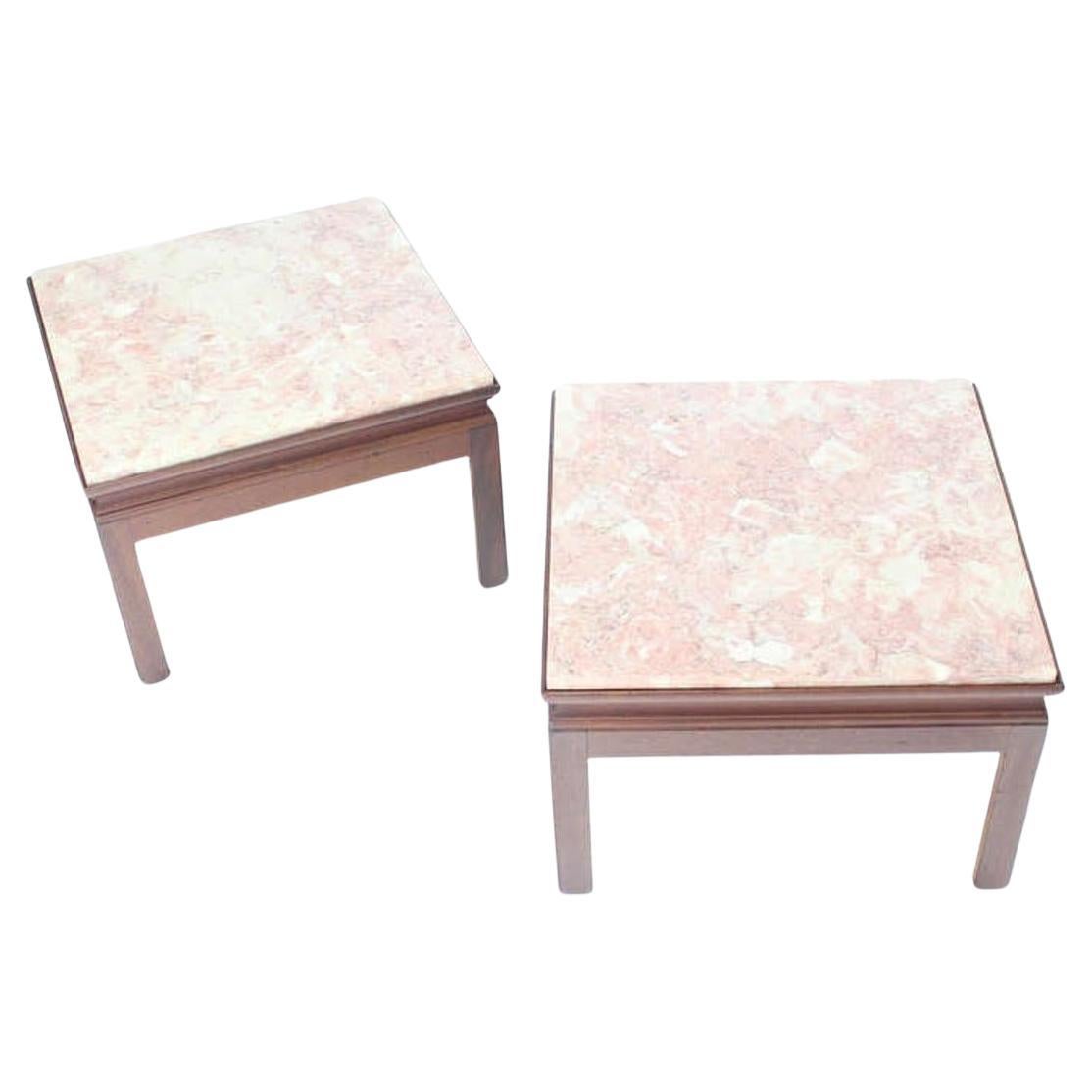 The Moderns Modern Pair Low Profile Square Marble Top Side End Tables Stand MINT en vente