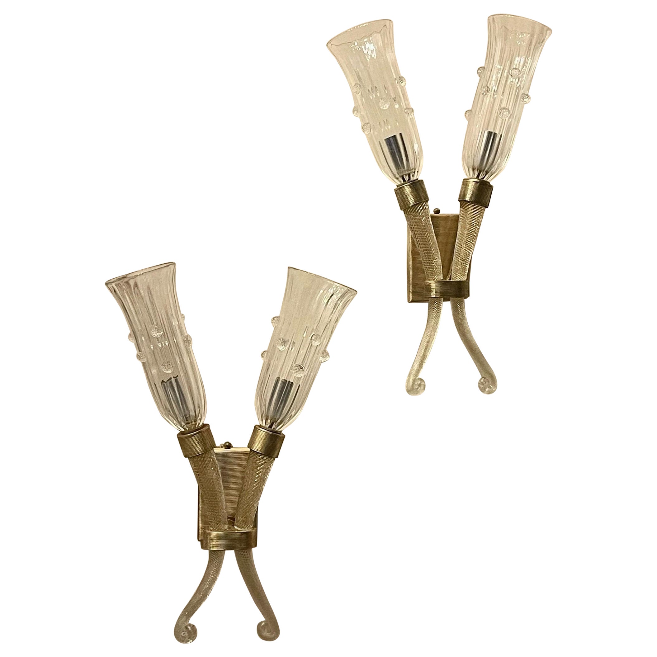 Coppia di lampade in vetro artistico di Murano Barovier e Toso Seguso della metà del secolo scorso