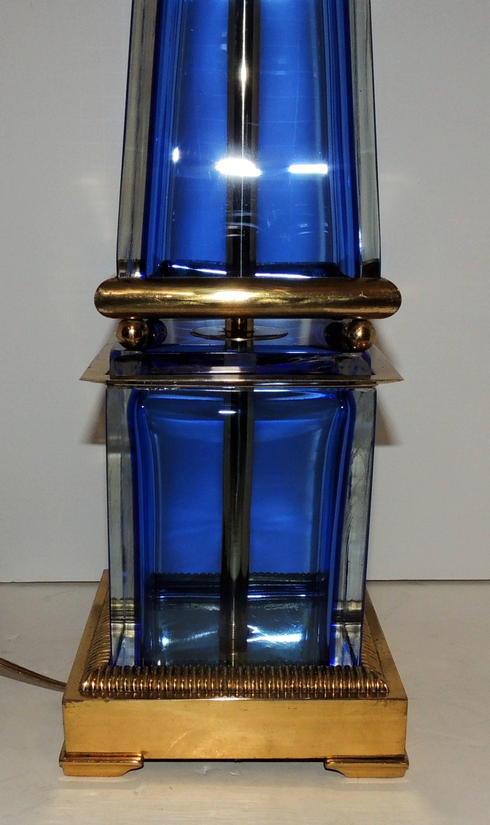 20th Century Mid-Century Modern Murano Blue Art Glass Brass Bronze Pair Obelisk Marbro Lamps