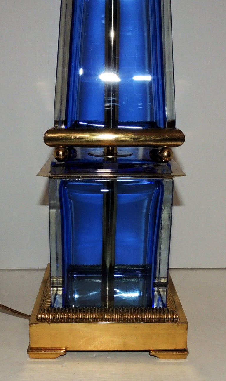 20th Century Mid-Century Modern Murano Blue Art Glass Brass Bronze Pair Obelisk Marbro Lamps For Sale