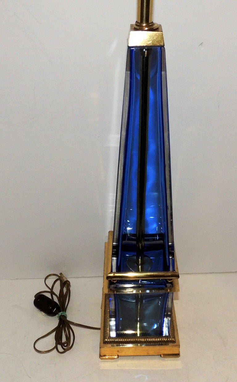 Mid-Century Modern Murano Blue Art Glass Brass Bronze Pair Obelisk Marbro Lamps For Sale 1