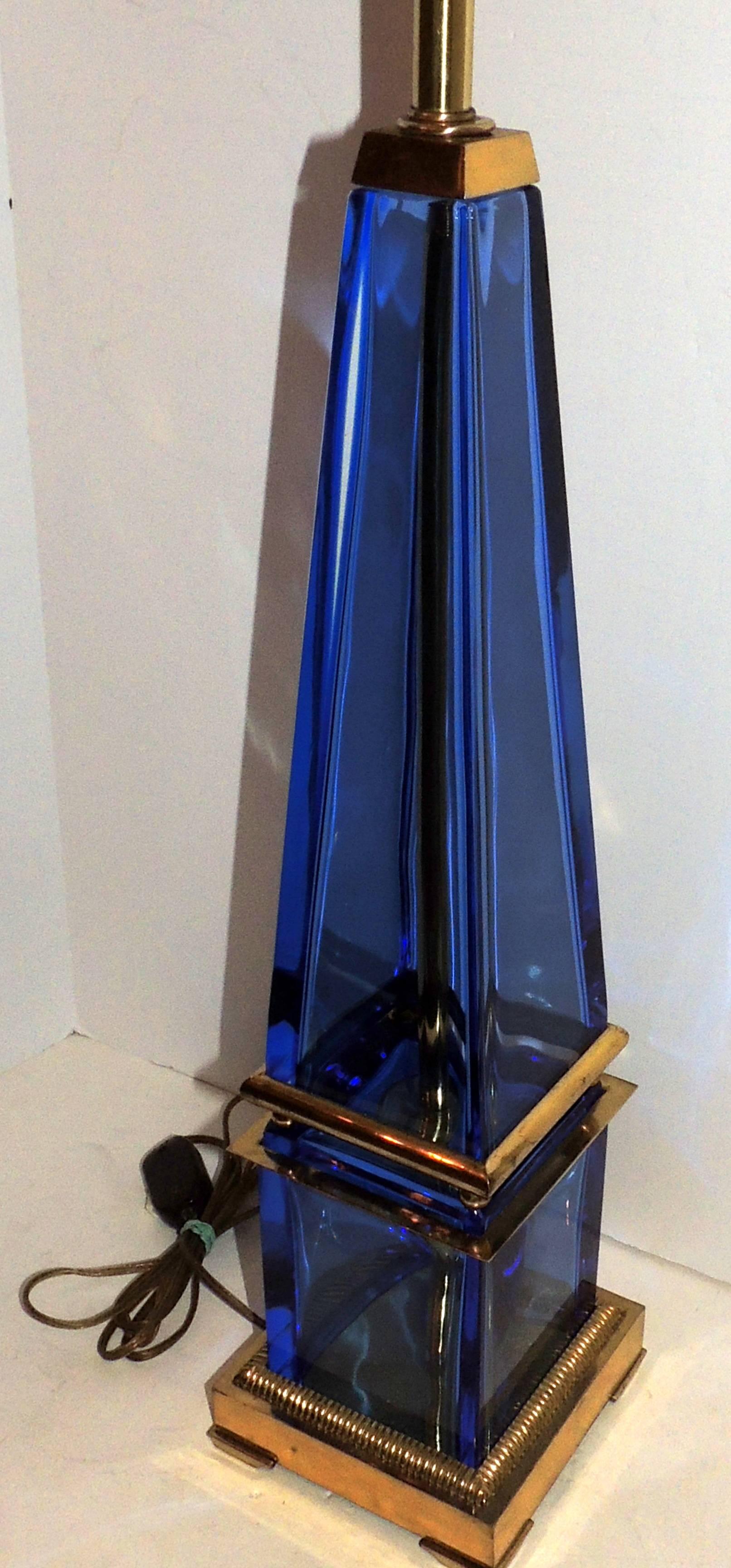 Mid-Century Modern Murano Blue Art Glass Brass Bronze Pair Obelisk Marbro Lamps 2