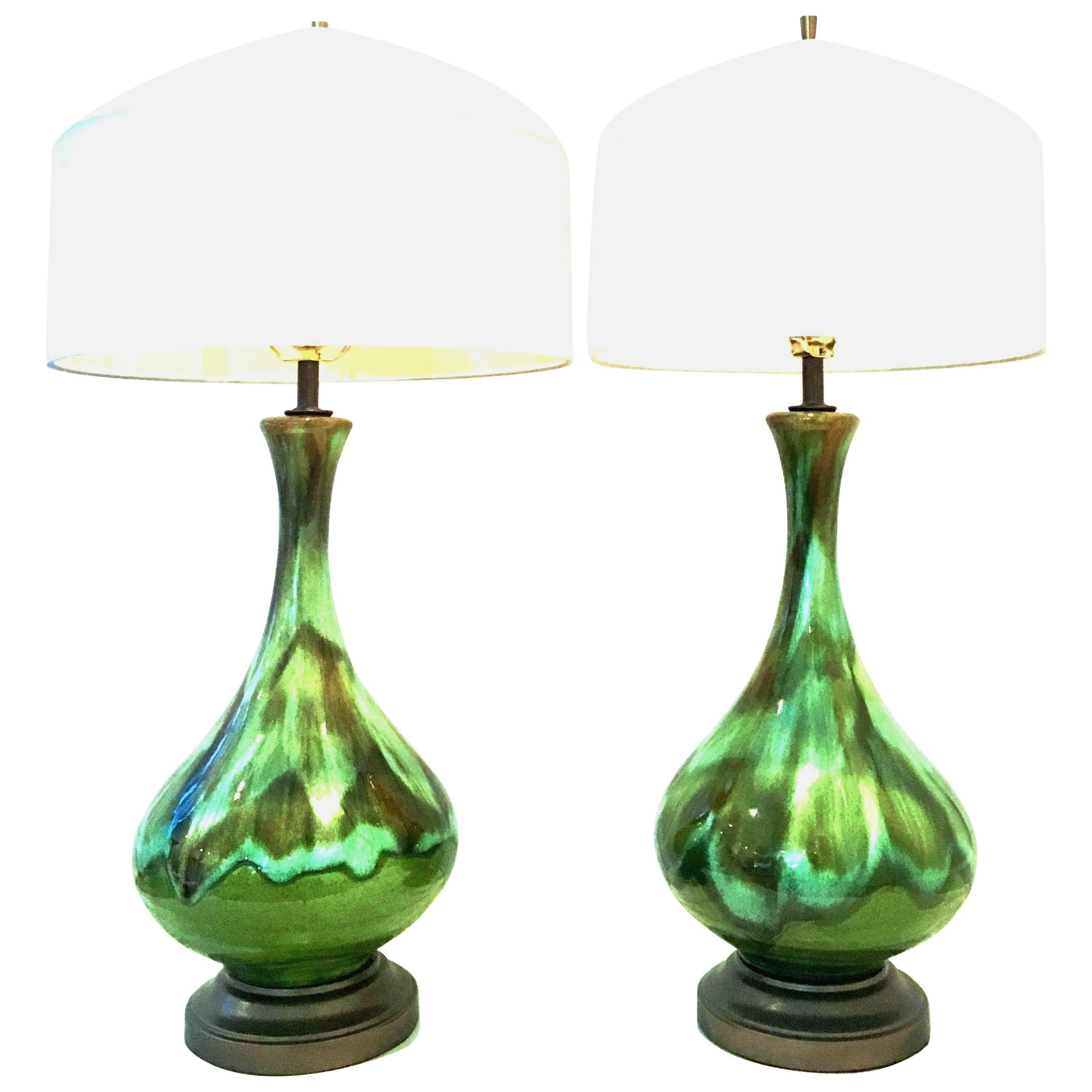 Mid-Century Modern Pair of American Ceramic Drip Glaze & Brass Lamps For Sale