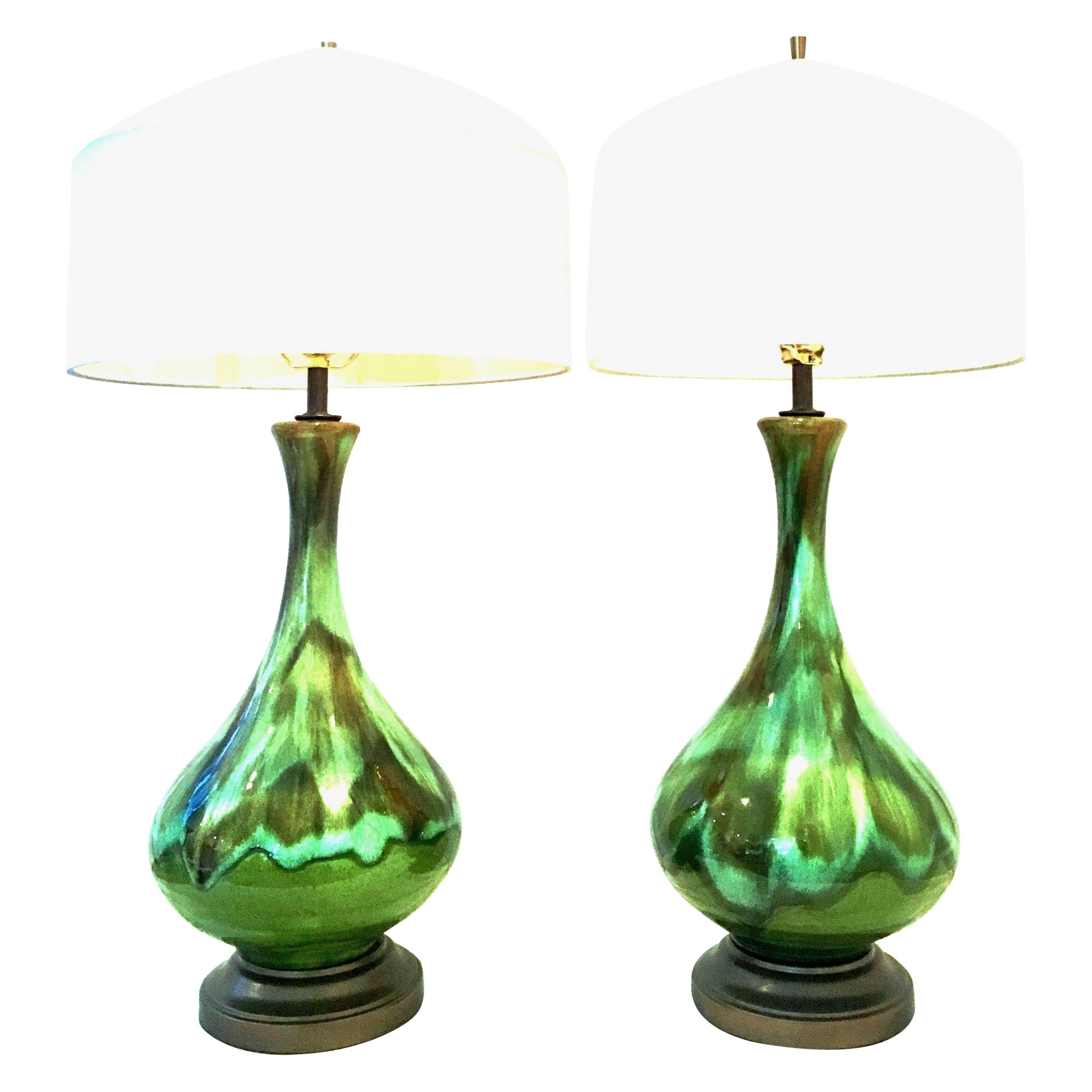 Mid-Century Modern Pair of American Ceramic Drip Glaze and Brass Lamps For Sale