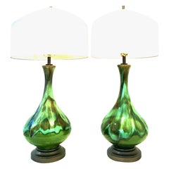 Mid-Century Modern Pair of American Ceramic Drip Glaze and Brass Lamps