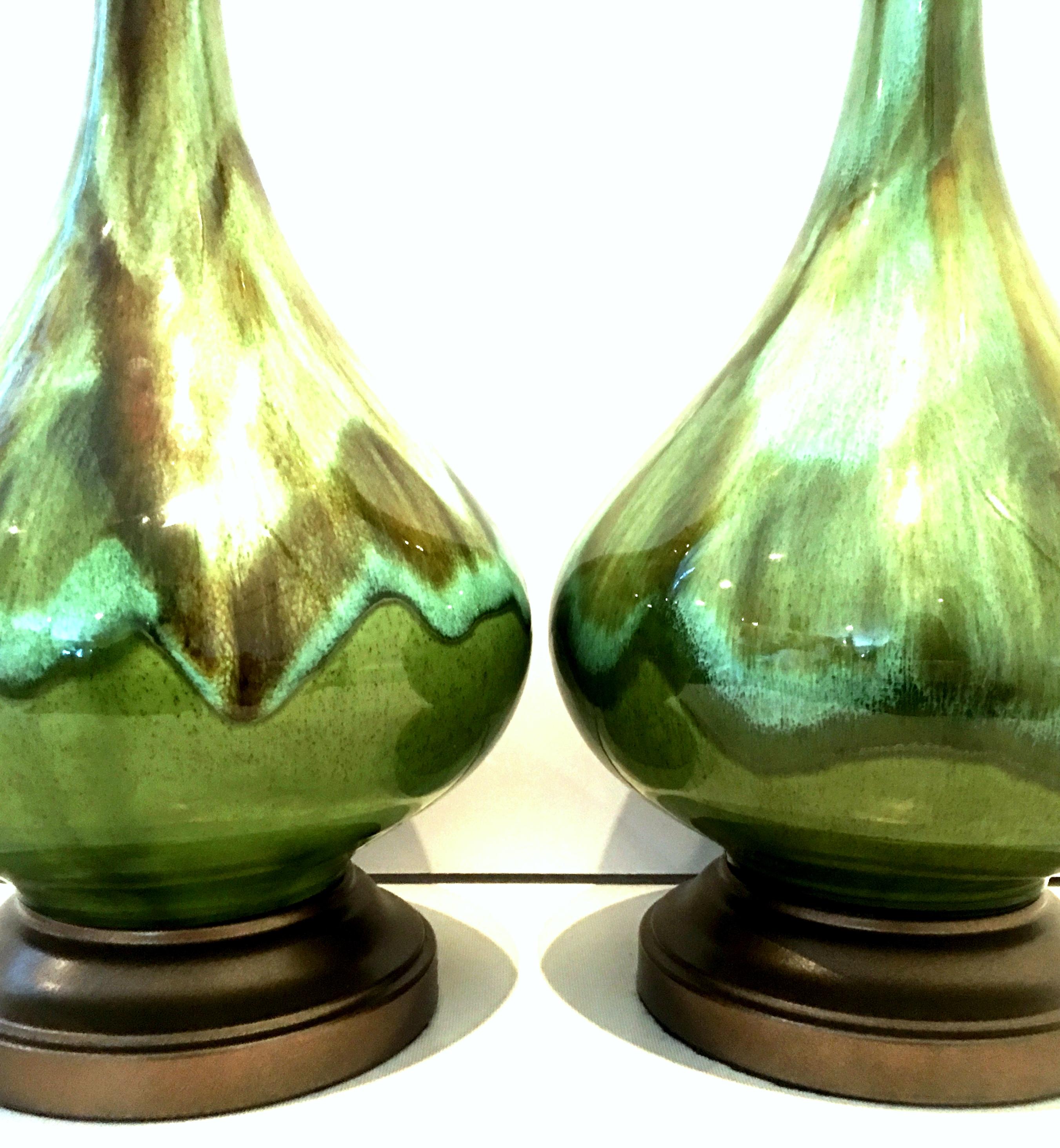 Mid-Century Modern Pair of American Ceramic Drip Glaze and Brass Lamps For Sale 4