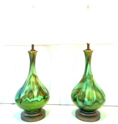 Mid-Century Modern Pair of American Ceramic Drip Glaze and Brass Lamps