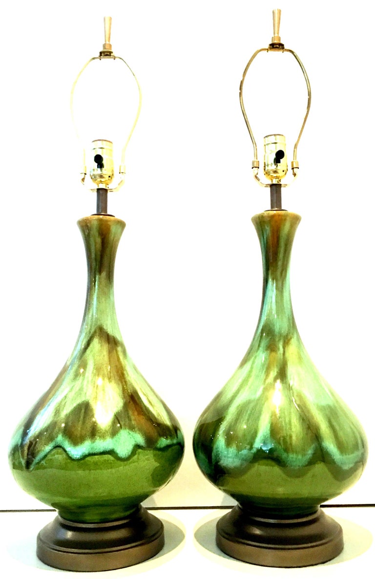 MidCentury Modern Pair of American Ceramic Drip Glaze and Brass Lamps