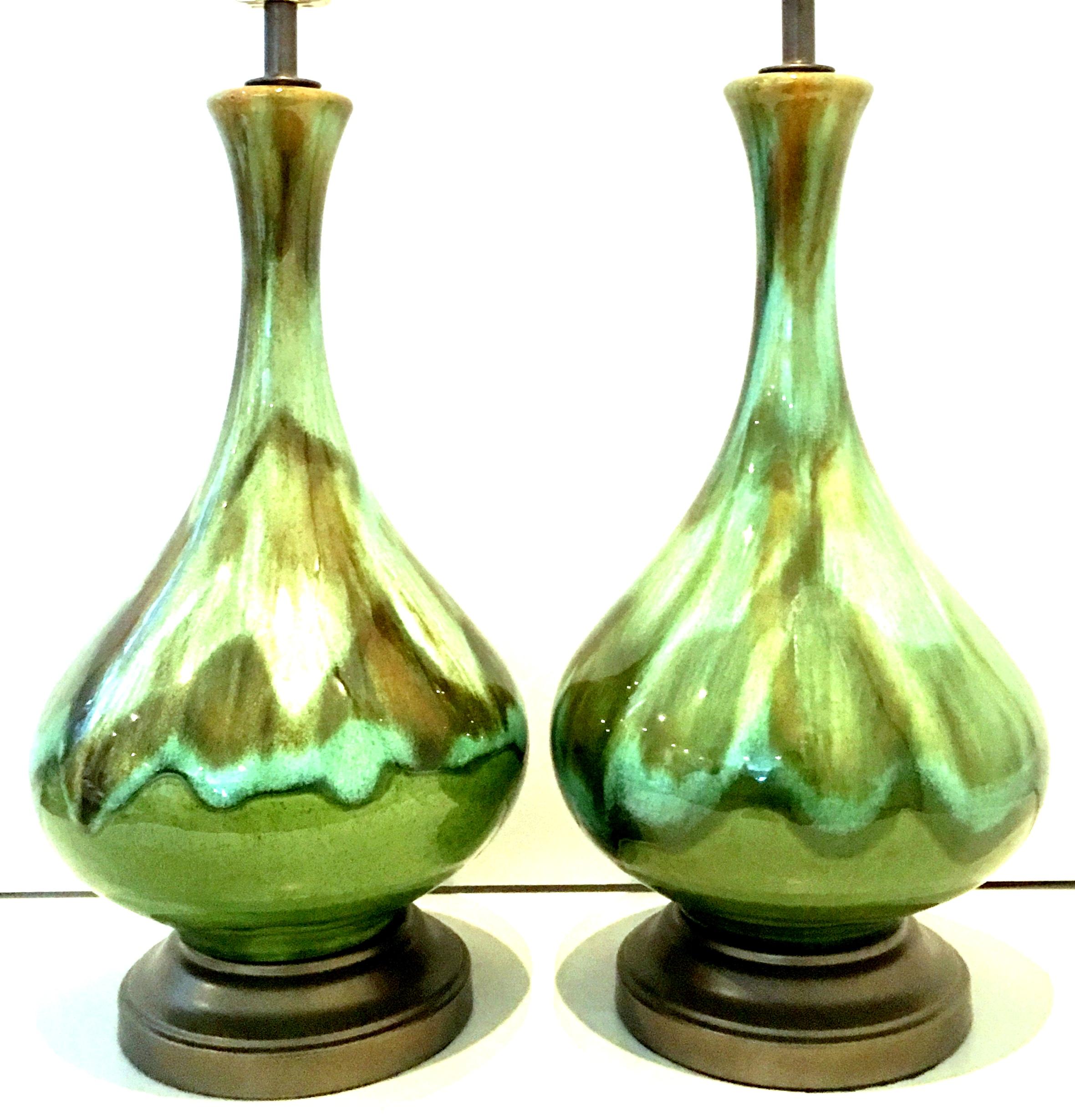 Glazed Mid-Century Modern Pair of American Ceramic Drip Glaze & Brass Lamps For Sale