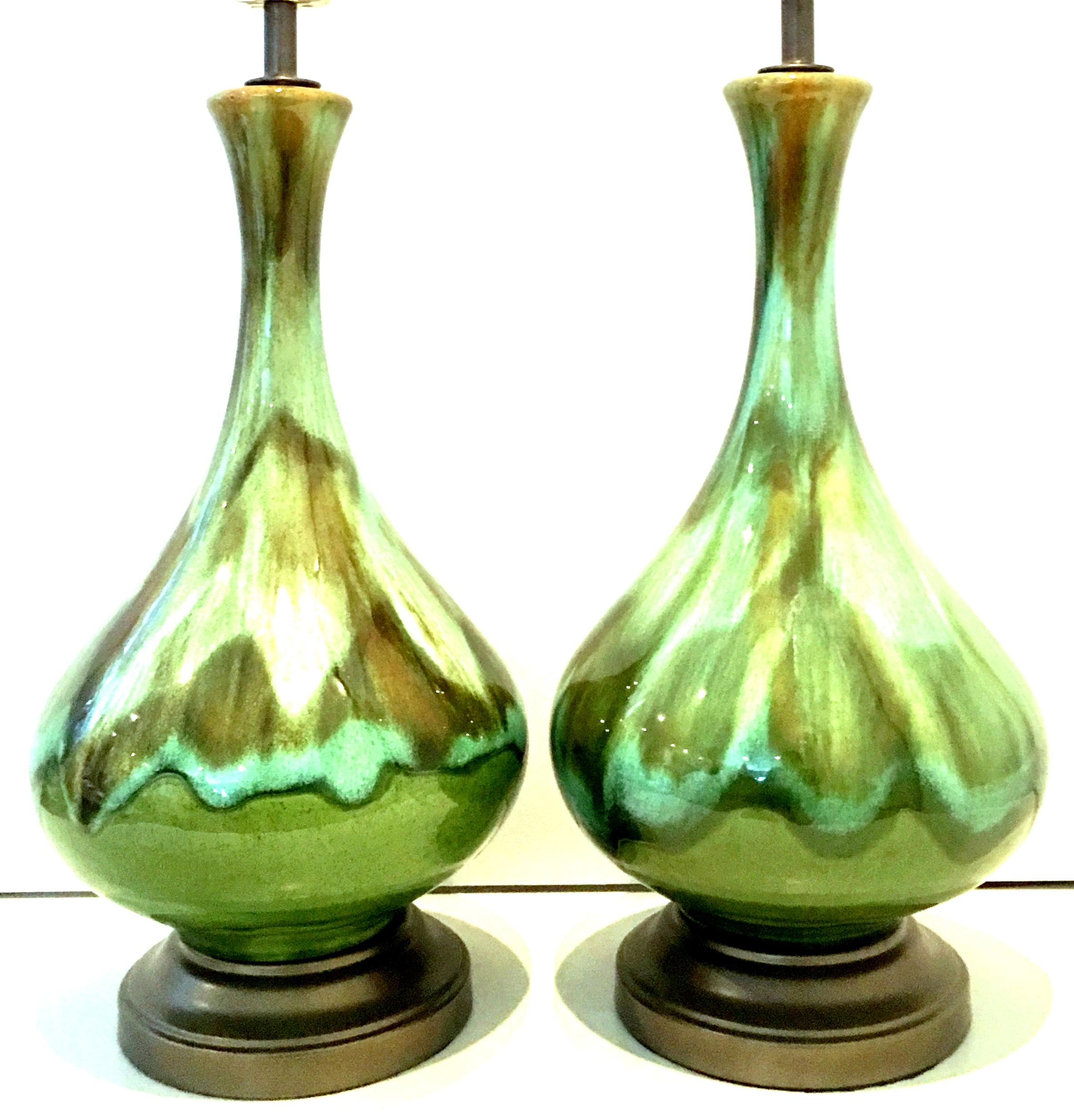 Glazed Mid-Century Modern Pair of American Ceramic Drip Glaze and Brass Lamps For Sale