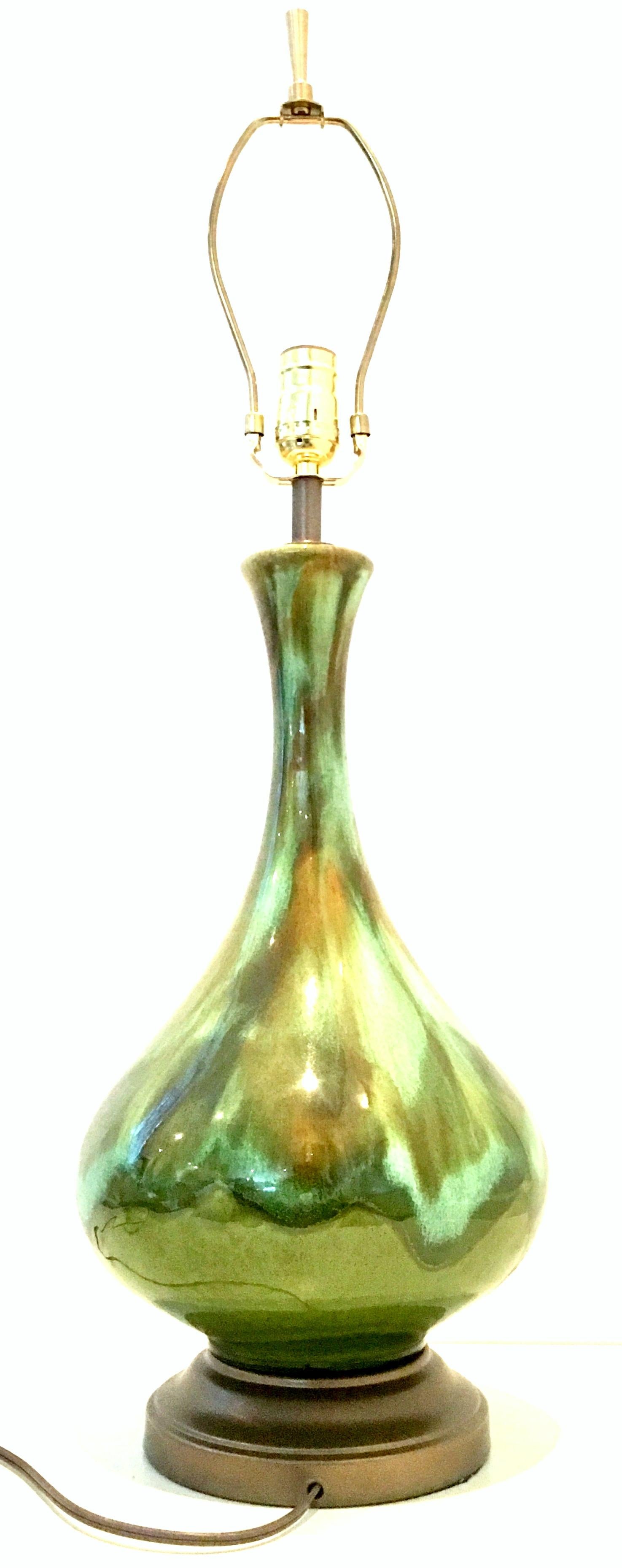 20th Century Mid-Century Modern Pair of American Ceramic Drip Glaze & Brass Lamps For Sale