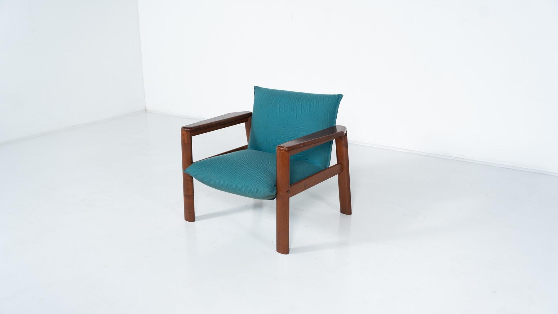 Coppia di poltrone moderne di metà secolo, tessuto blu e Wood, Italia, anni '60 in vendita 5