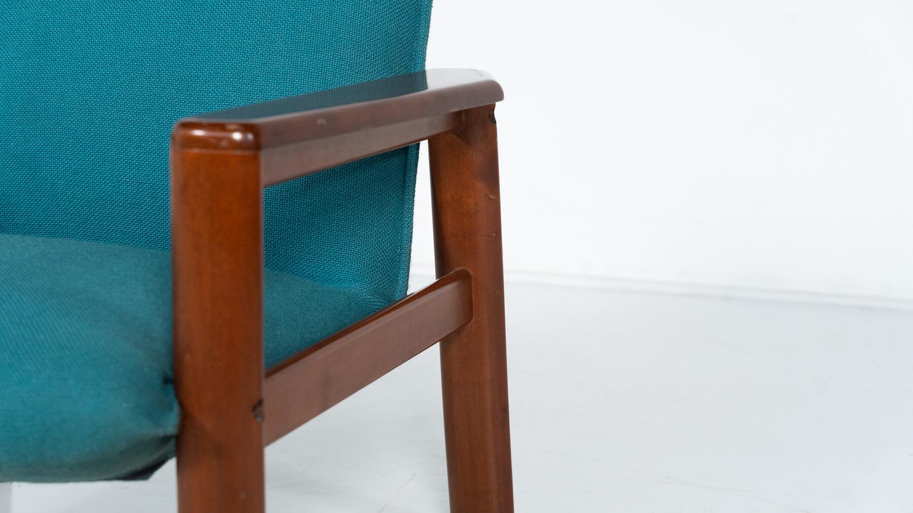 Coppia di poltrone moderne di metà secolo, tessuto blu e Wood, Italia, anni '60 in vendita 7