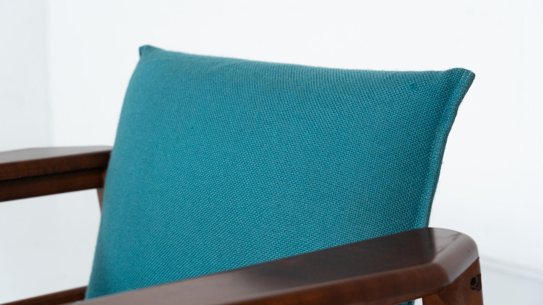 Coppia di poltrone moderne di metà secolo, tessuto blu e Wood, Italia, anni '60 in vendita 8