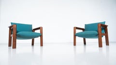Mid-Century Modern Pair of Armchairs, Blue Fabric and Wood, Italy, 1960s