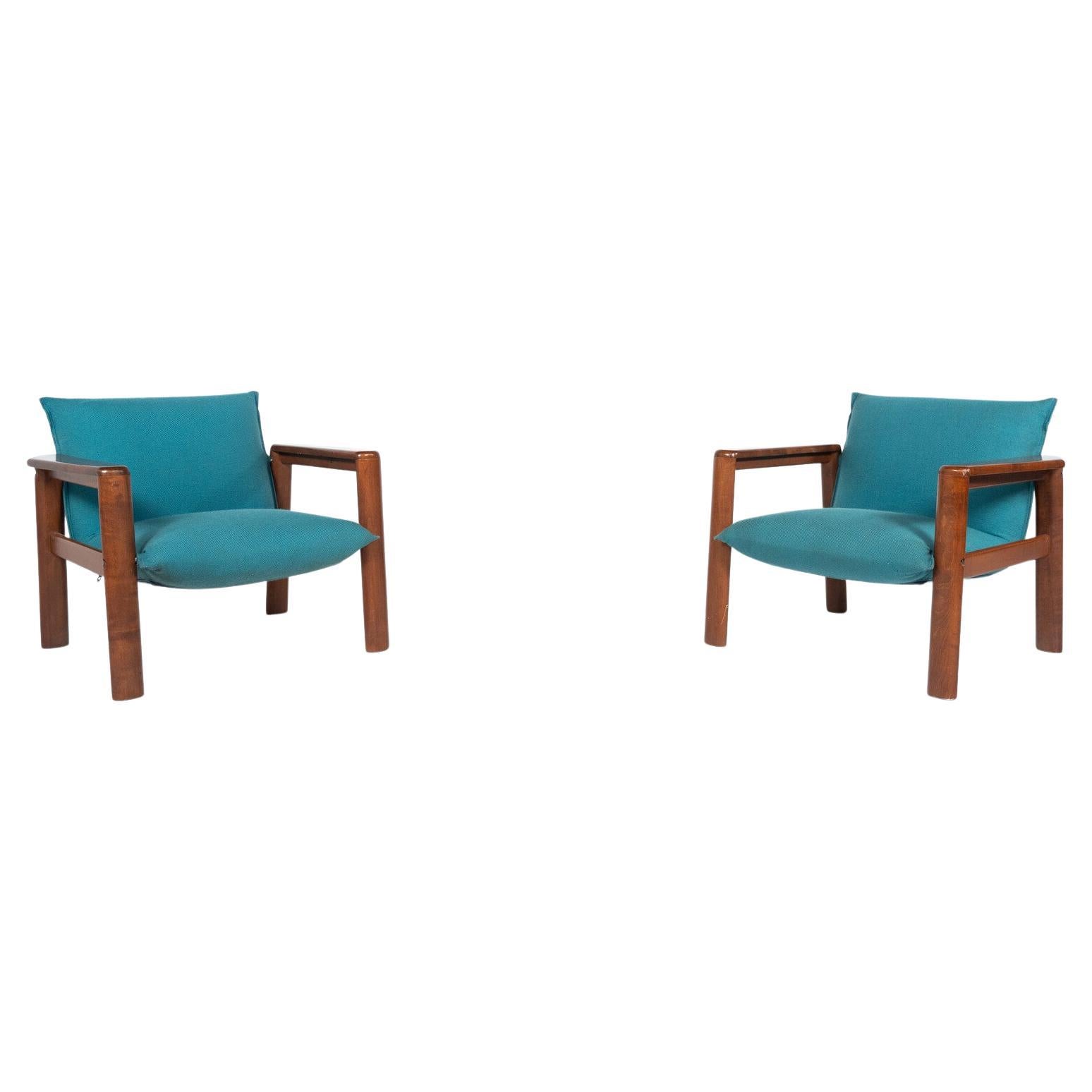 Pareja de sillones modernos de mediados de siglo, tela azul y madera, Italia, años 60