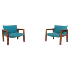 Pareja de sillones modernos de mediados de siglo, tela azul y madera, Italia, años 60