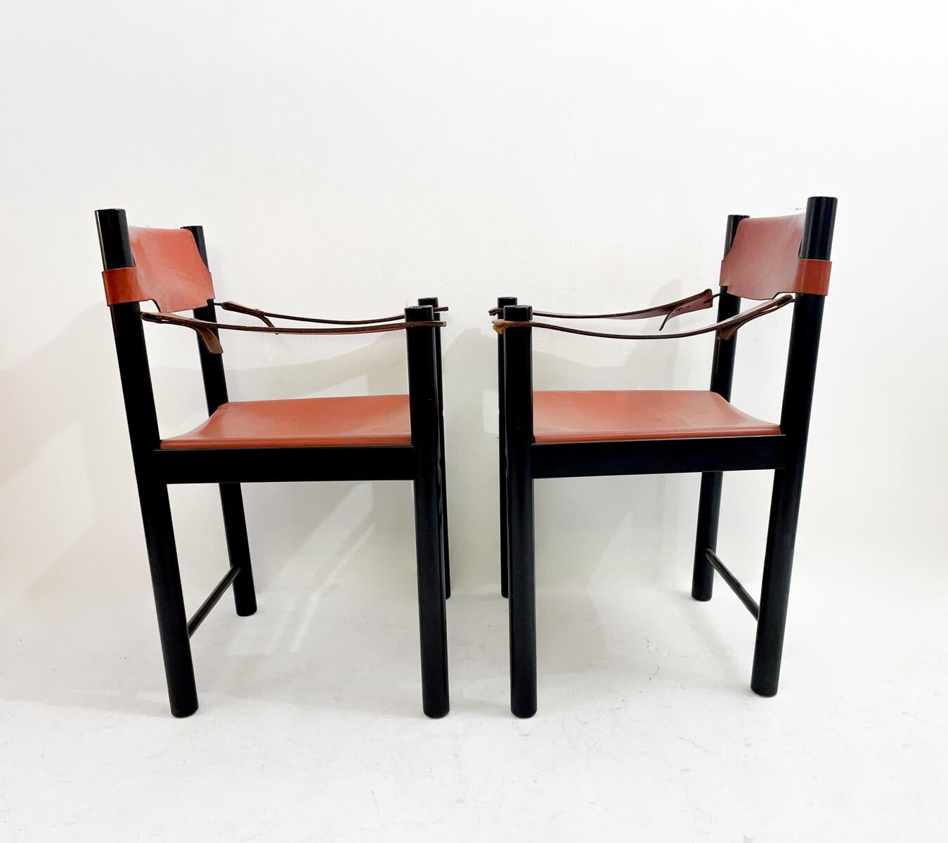 Mid-Century Modern Pair of Armchairs by Ibisco Sedie, Leather and Wood, Italy, 1960s - 2 Pairs available.
