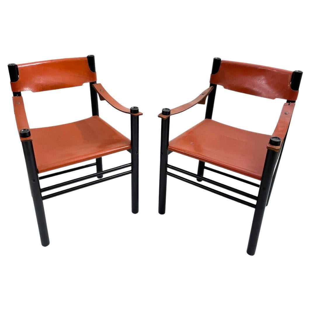 Paire de fauteuils modernes du milieu du siècle dernier de style Ibisco Sedie, en cuir et bois, Italie