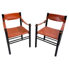 Mid-Century Modern Pair of Armchairs by Ibisco Sedie, Leather and Wood, Italy