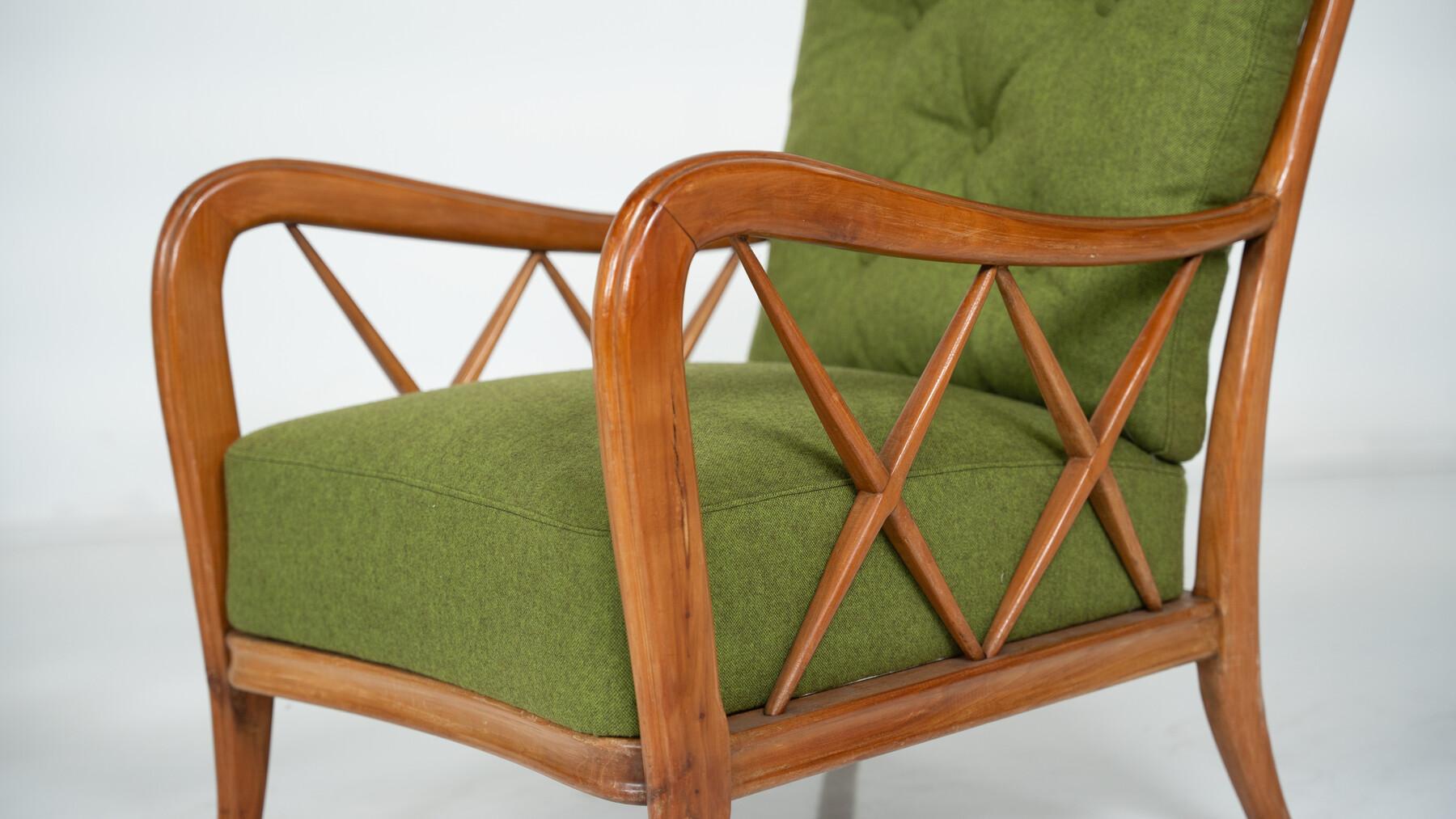 Mid-Century Modern Pair of Armchairs by Paolo Buffa, Green Upholstery, Italy 7