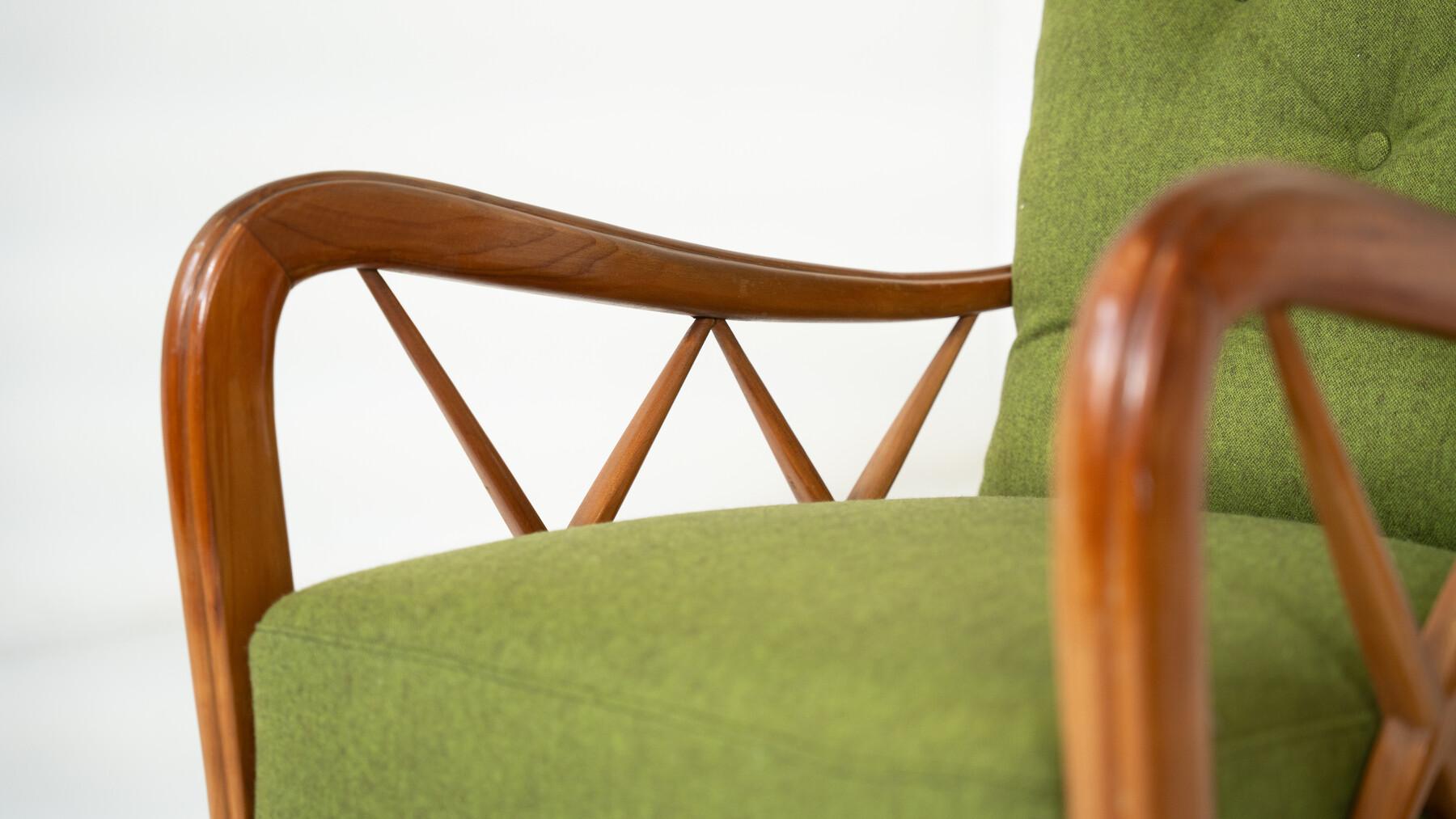 Fabric Mid-Century Modern Pair of Armchairs by Paolo Buffa, Green Upholstery, Italy