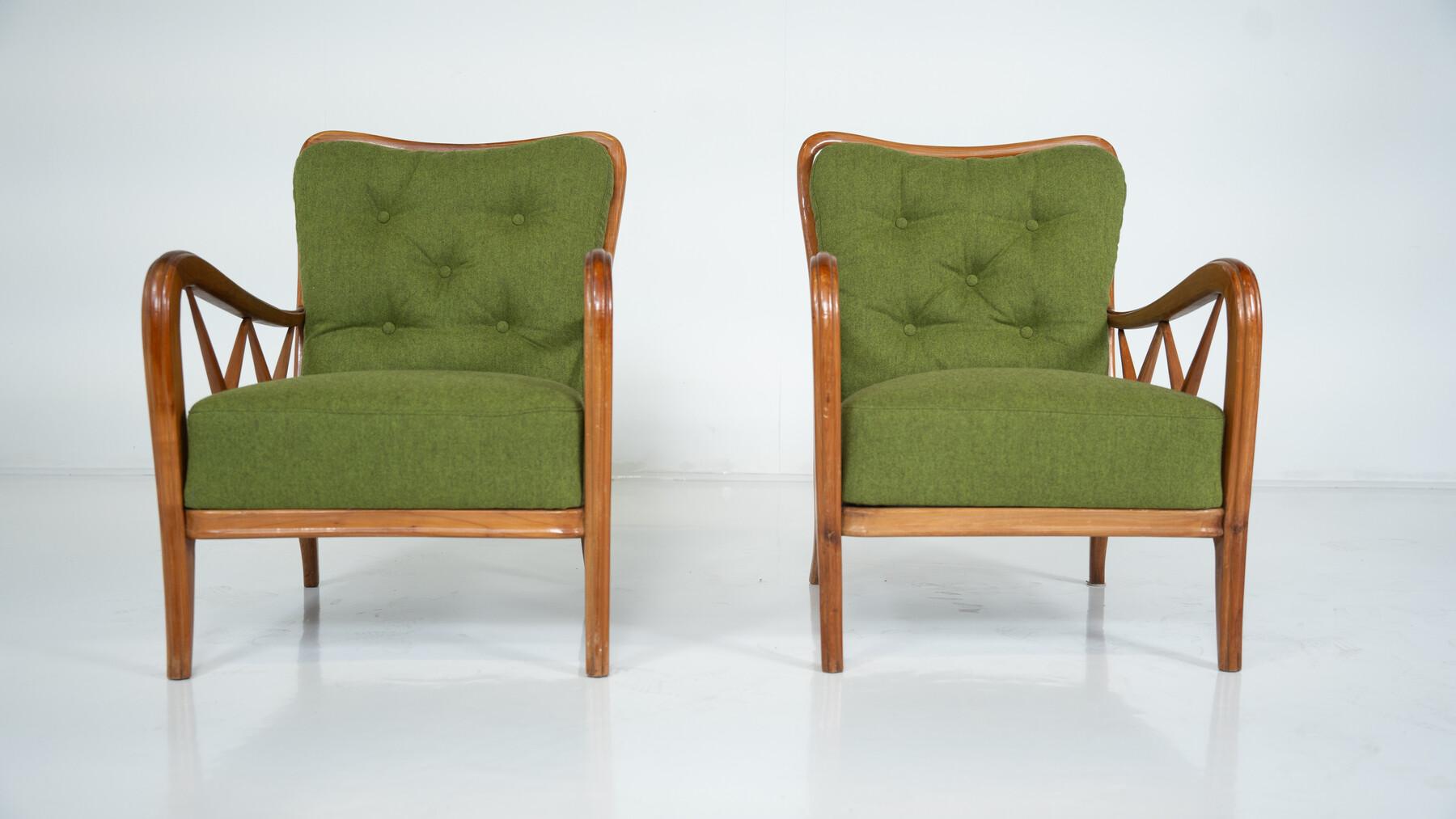 Mid-Century Modern Pair of Armchairs by Paolo Buffa, Green Upholstery, Italy 4