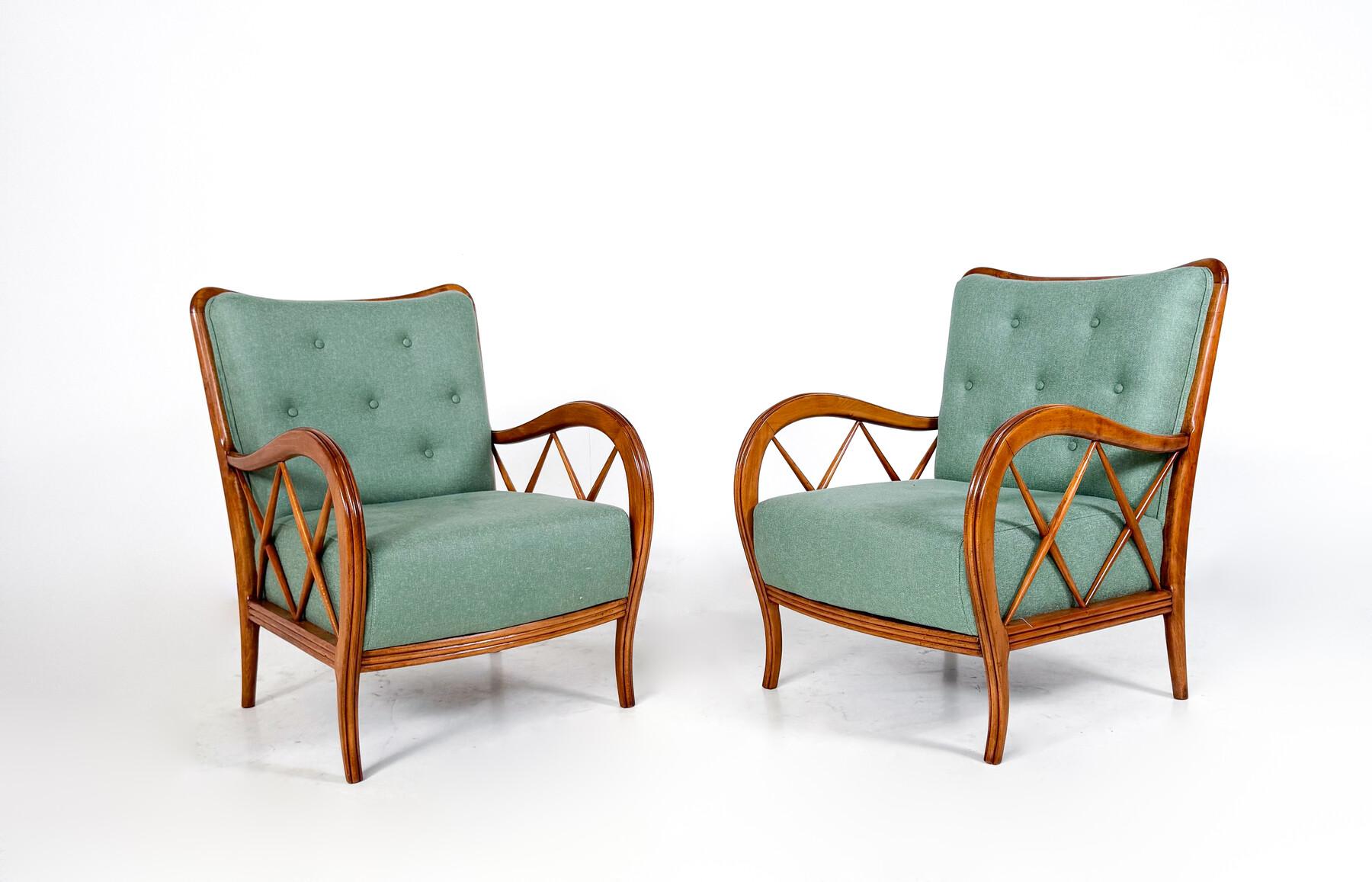 Paire de fauteuils modernes du milieu du siècle par Paolo Buffa, tapisserie neuve, Italie, années 1950