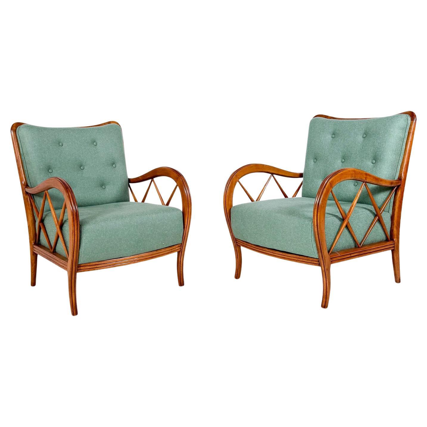 Mid-Century Modern Pair of Armchairs by Paolo Buffa, New Upholstery, Italy, 1950
