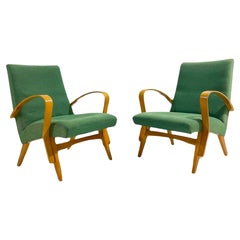 Mid-Century Modern Pair of Armchairs, Green Upholstery,  Czech, 1950s
