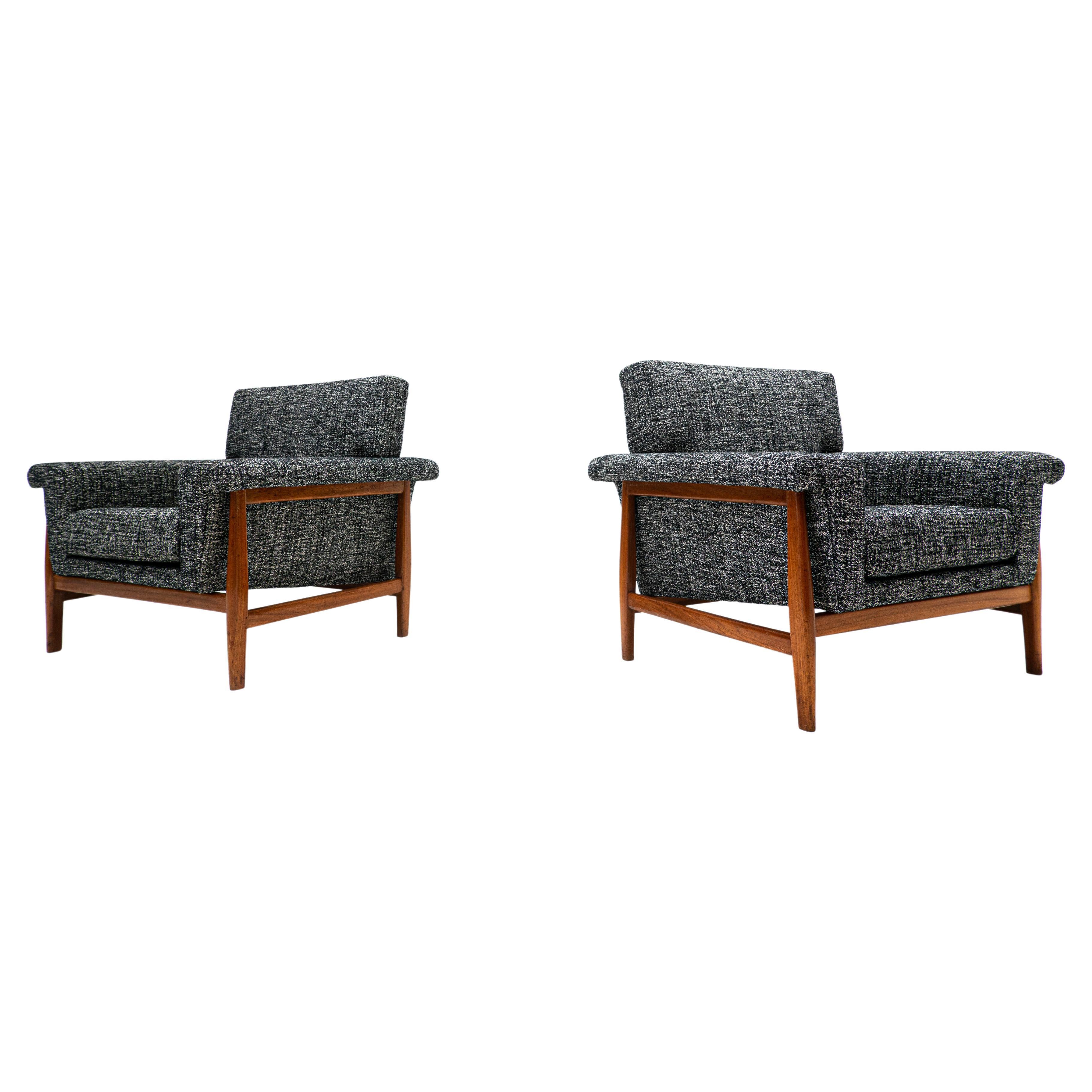Paire de fauteuils modernes du milieu du siècle dernier, gris, teck, Italie, années 1960, nouveau tissu d'ameublement