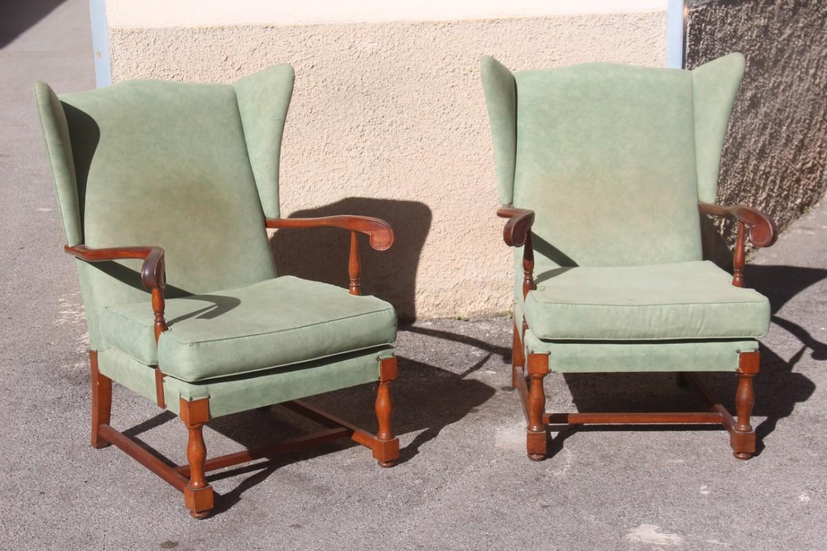 Mid-Century Modern pair of armchairs high back the arms carved wood mahogany, old original fabric.