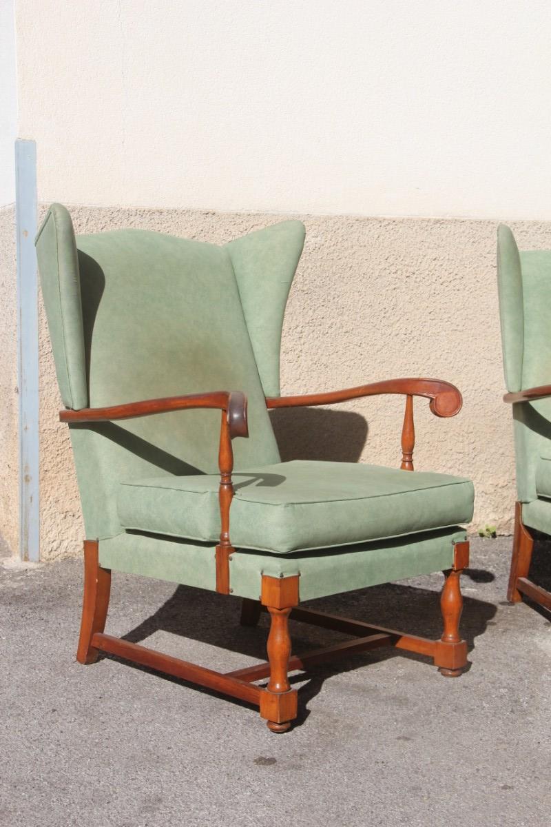 Italian Mid-Century Modern Pair of Armchairs High Back the Arms Carved Wood Mahogany For Sale