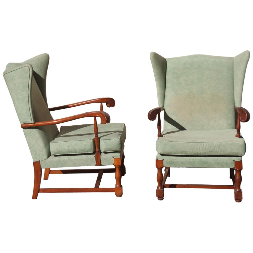 Mid-Century Modern Pair of Armchairs High Back the Arms Carved Wood Mahogany